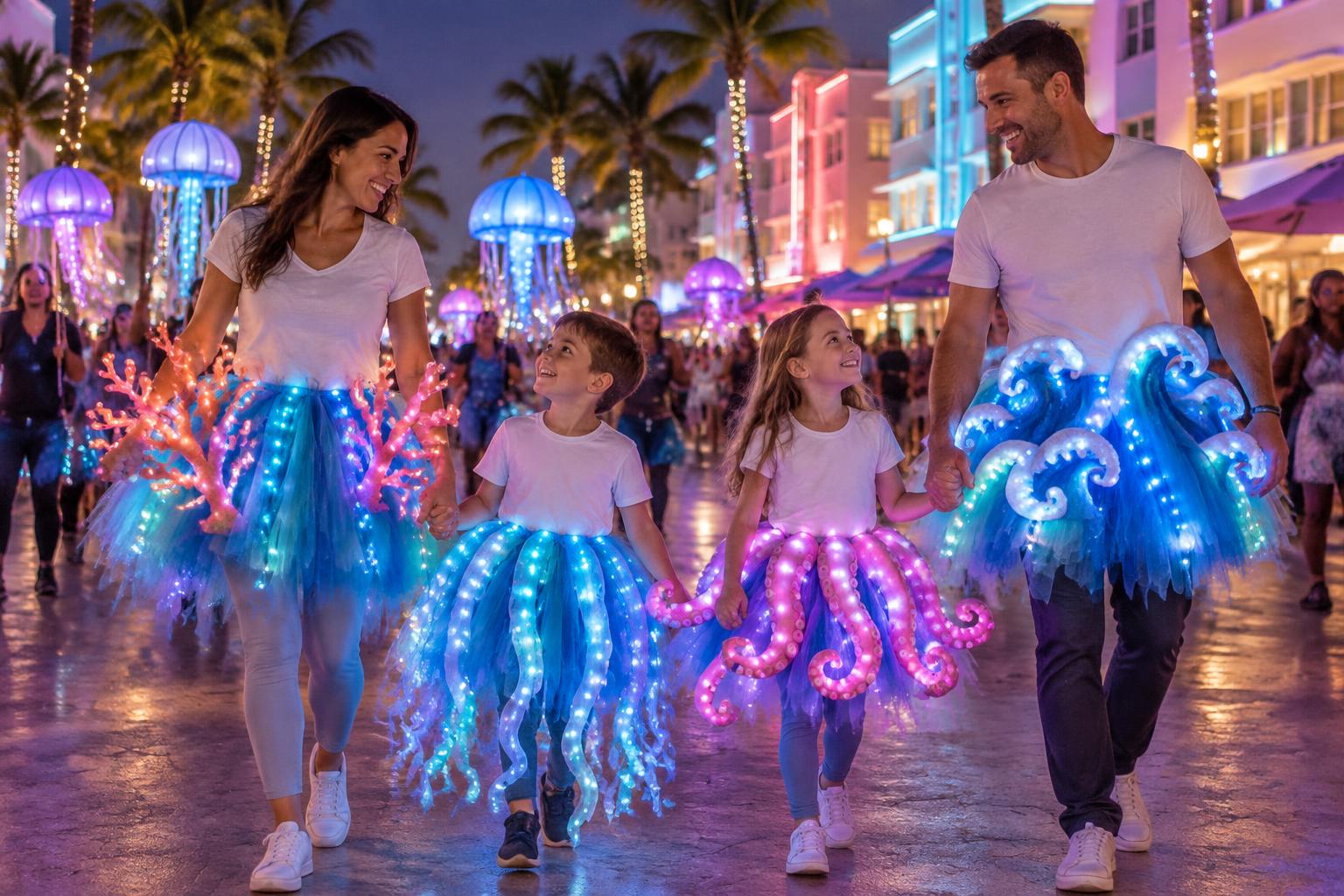 Illustrative concept: a family wearing glowing tutus with pool noodle coral, jellyfish tentacles, octopus arms and waves