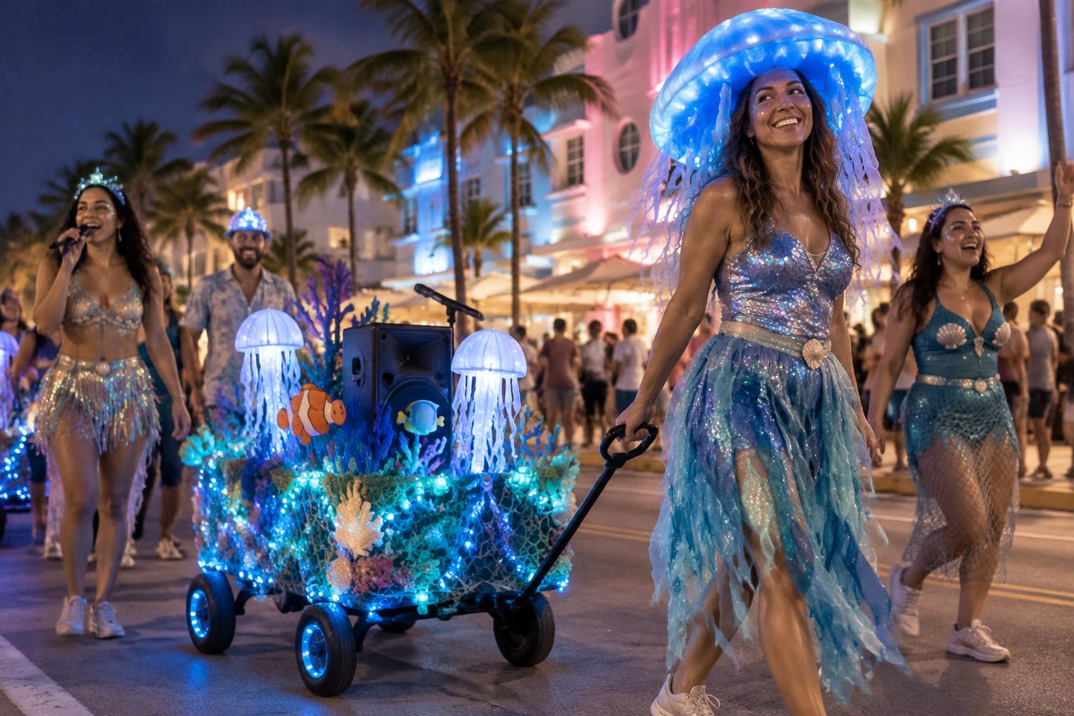 Illustrative concept: a participant in a jellyfish lantern hat walks ahead, pulling an illuminated reef wagon with a speaker and microphone behind her