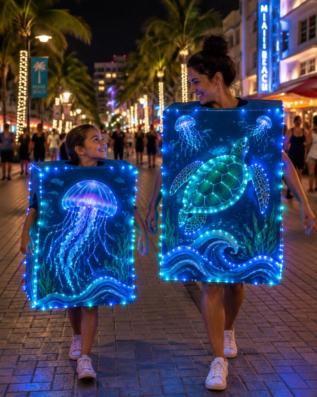 A child and an adult wearing painted cardboard box lanterns with a jellyfish and sea turtle, lit by LED string lights on the outside edges